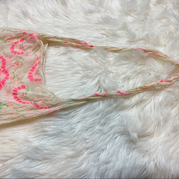 Free People Cream & Pink Floral Cheesecloth Reusable Boho Tote Bag - Picture 12 of 12